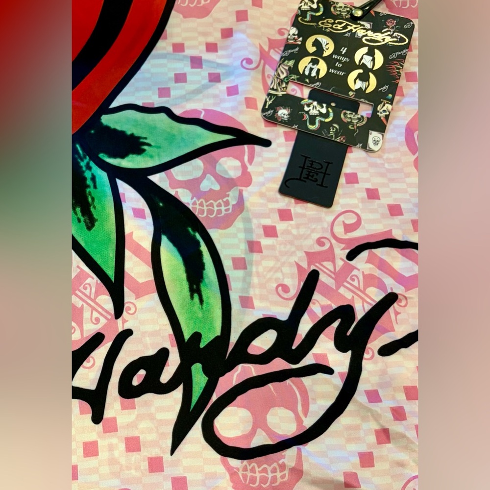 NWT ED HARDY Pink Multicolor Graphic Love and Skull Square Scarf 41” x 41”